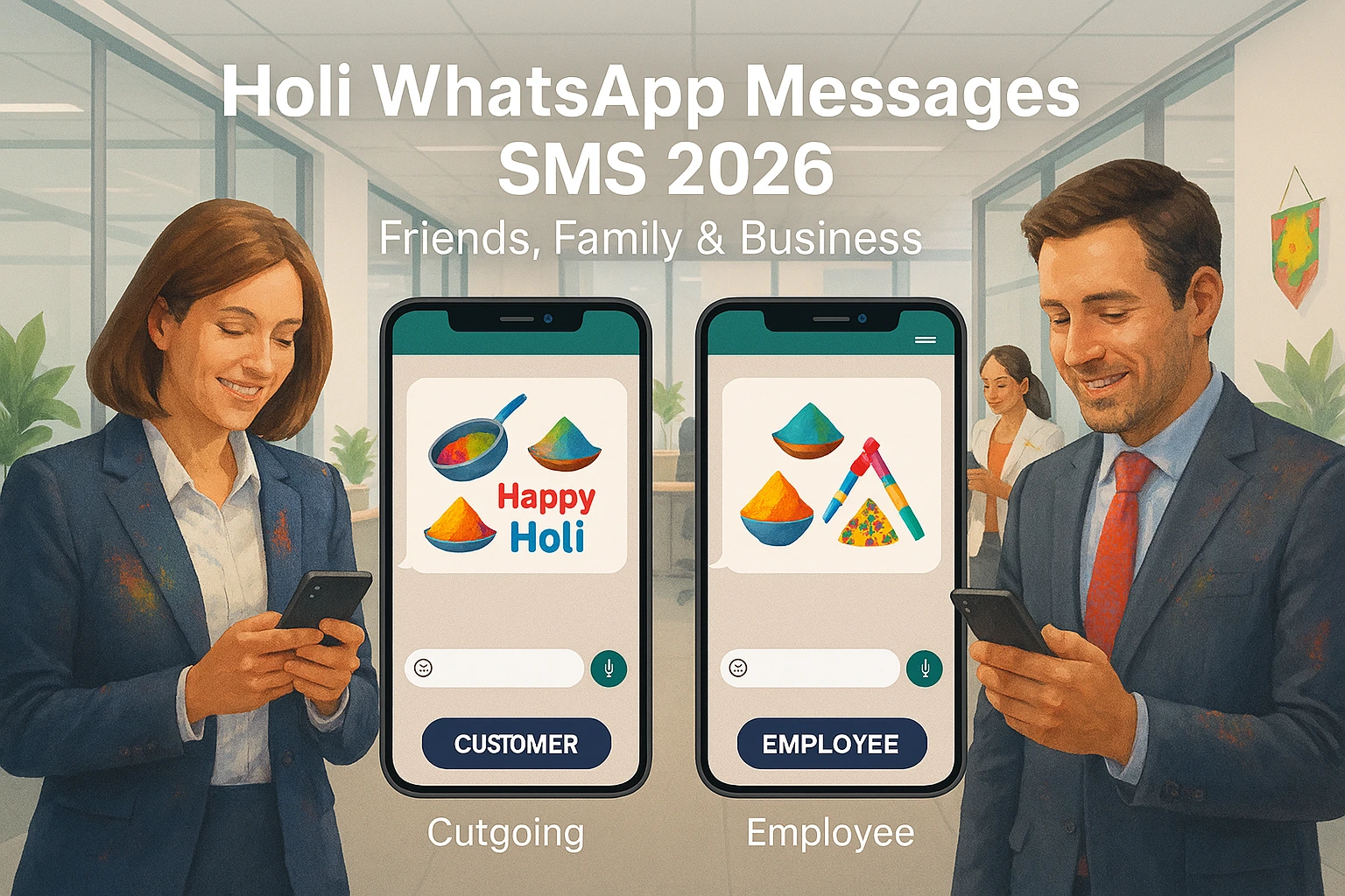 Business professionals sending Holi WhatsApp messages and corporate greetings - Business Holi SMS campaigns 2026