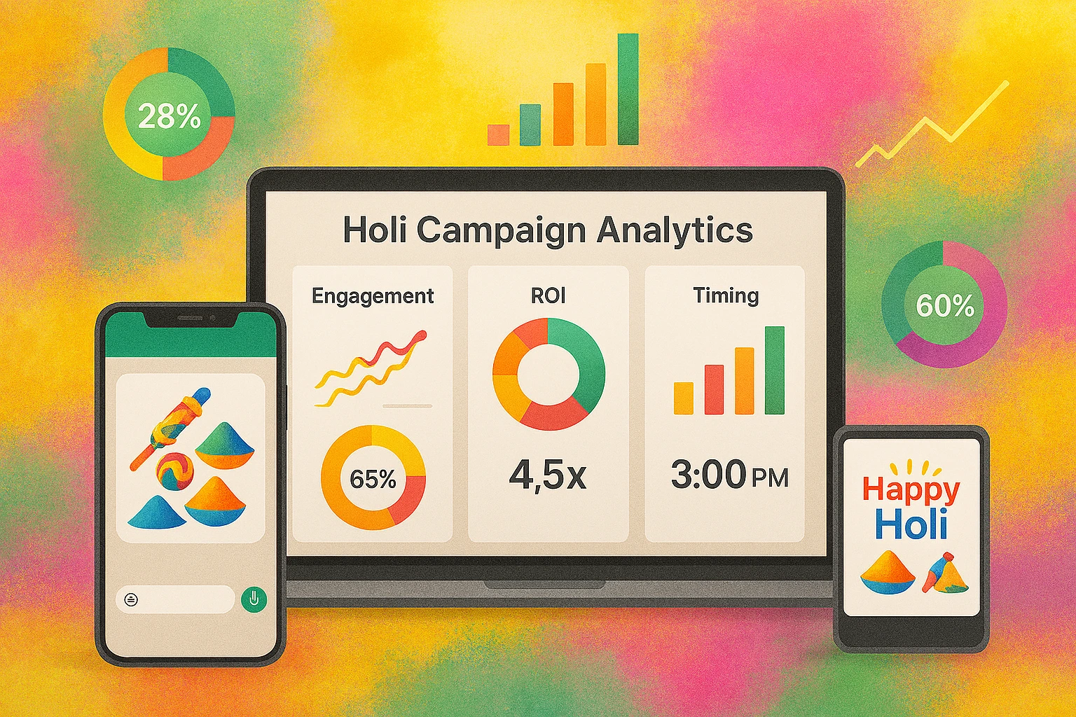 Holi marketing campaign analytics dashboard showing ROI and engagement metrics - Bulk SMS campaign optimization 2026