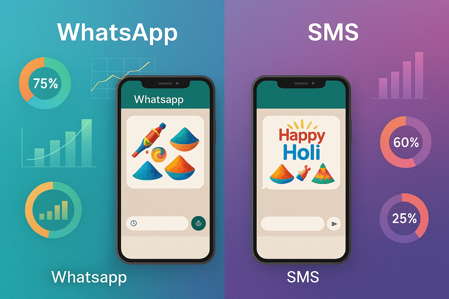 WhatsApp vs SMS comparison infographic for Holi marketing campaigns - engagement rates and platform analysis 2026