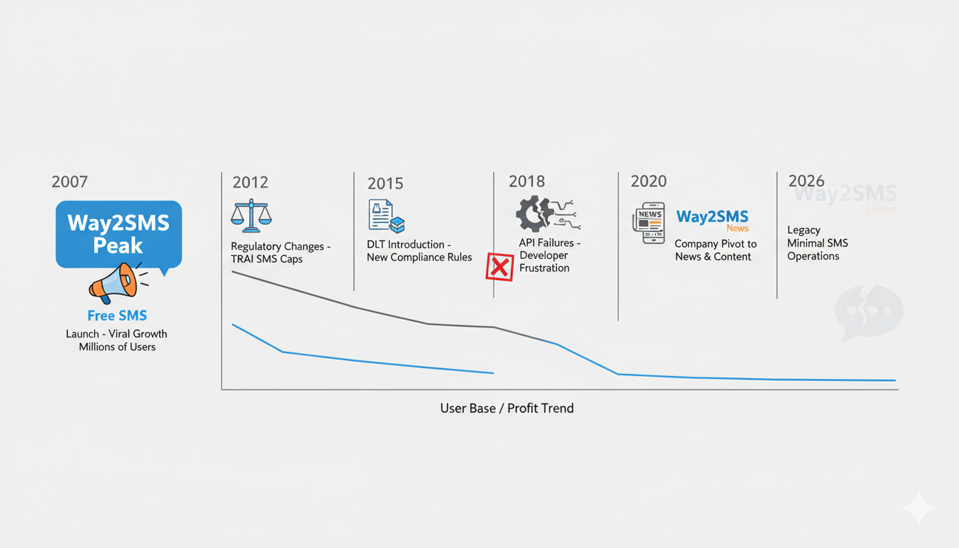 Horizontal timeline showing Way2SMS evolution bulk SMS service providers