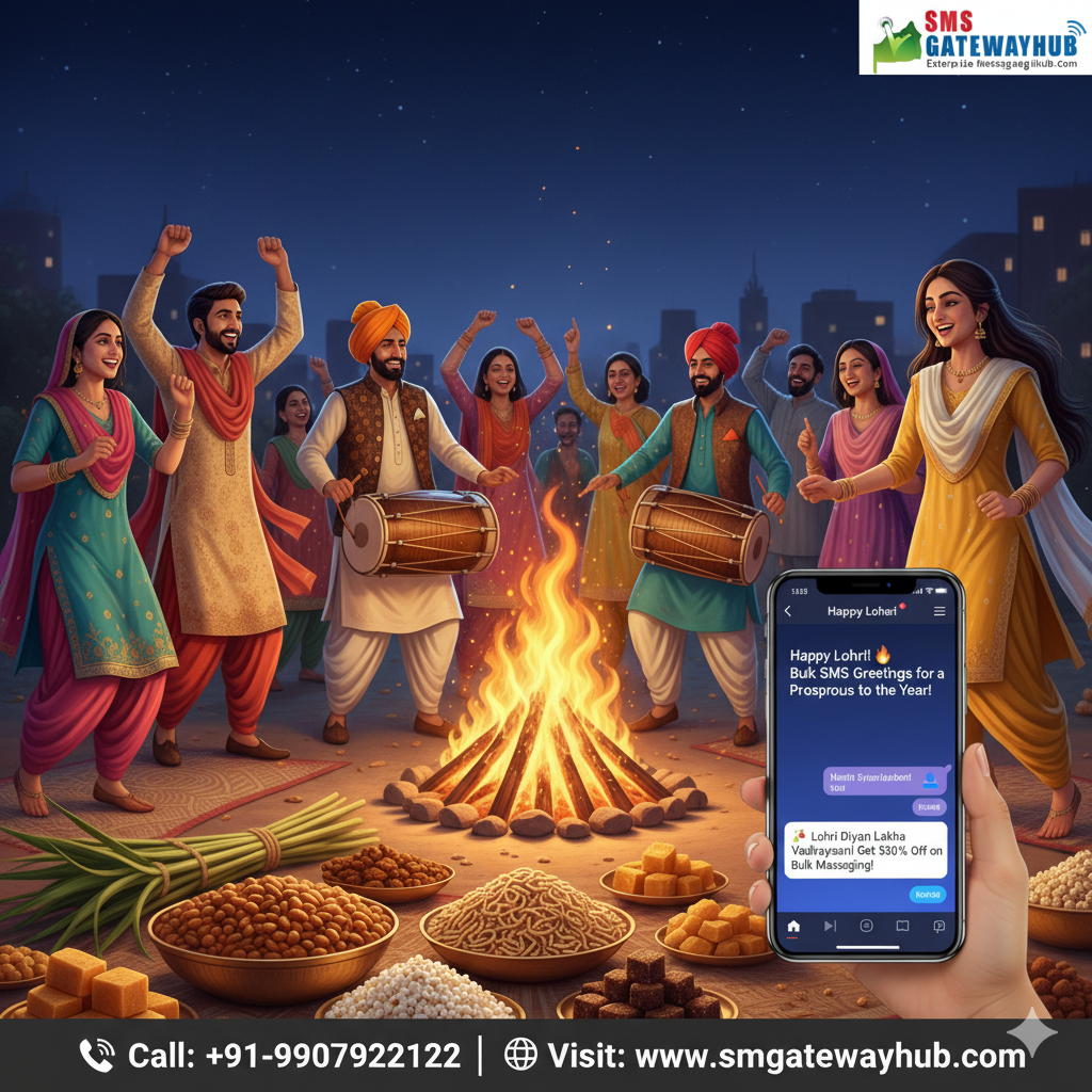 A modern Lohri celebration scene showing office colleagues