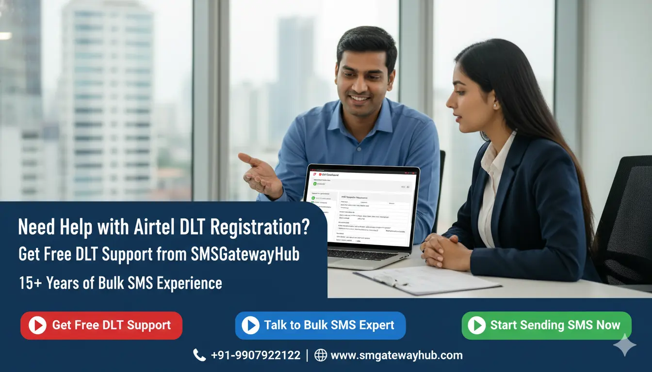 Airtel DLT registration dashboard with SMSGatewayHub DLT support