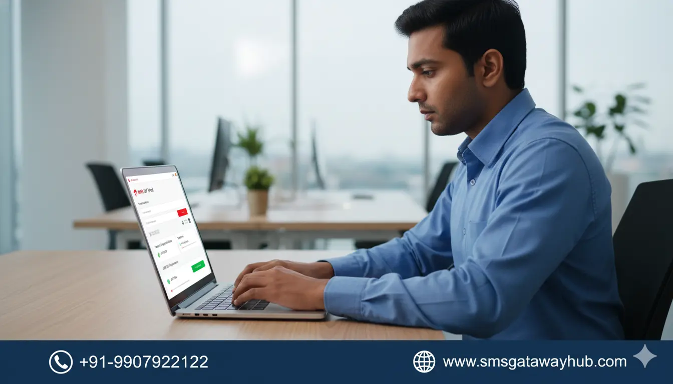 Professional Indian business user logging into the Airtel DLT portal on a laptop