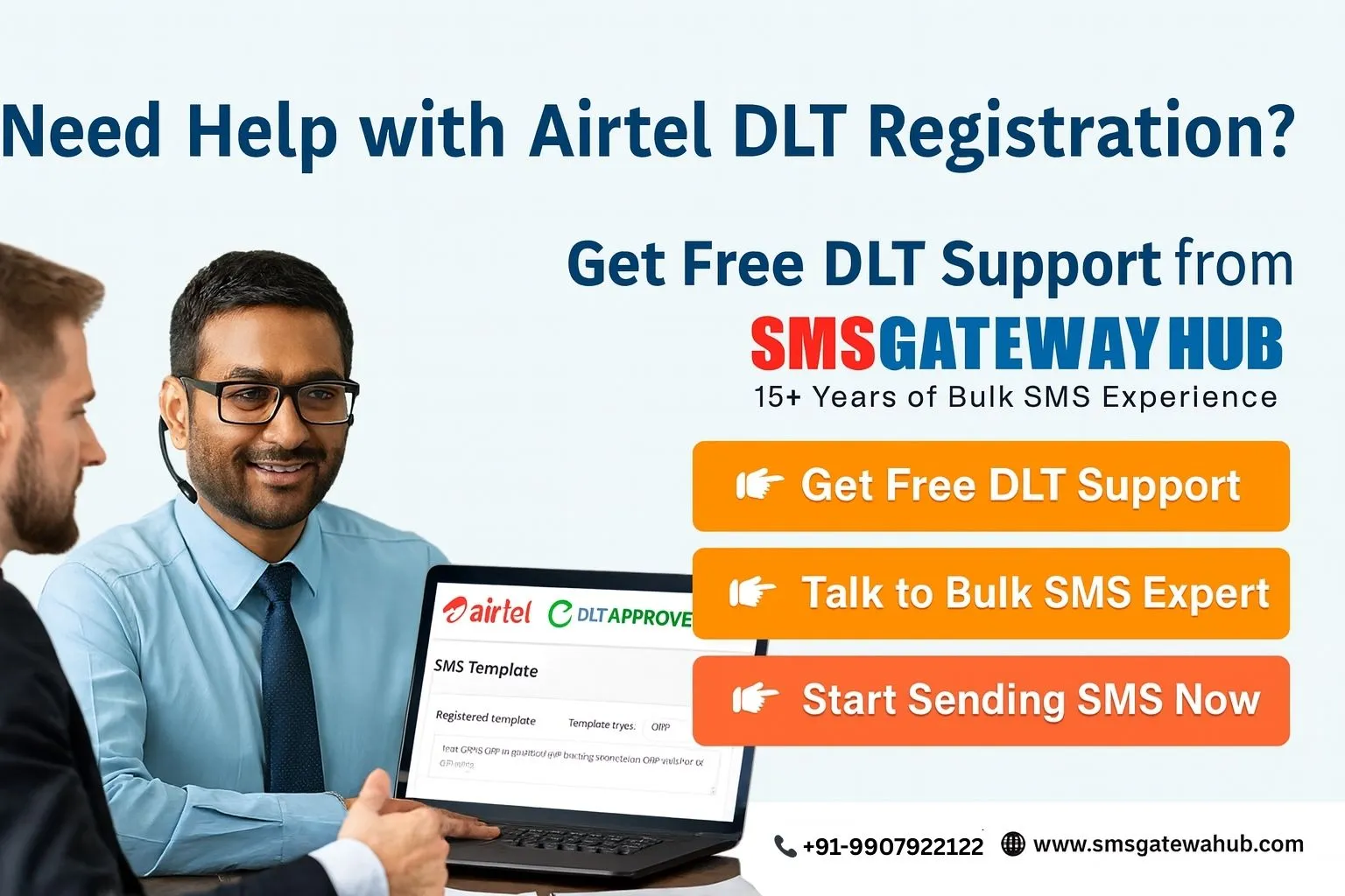 Free Airtel DLT registration support banner by SMSGatewayHub