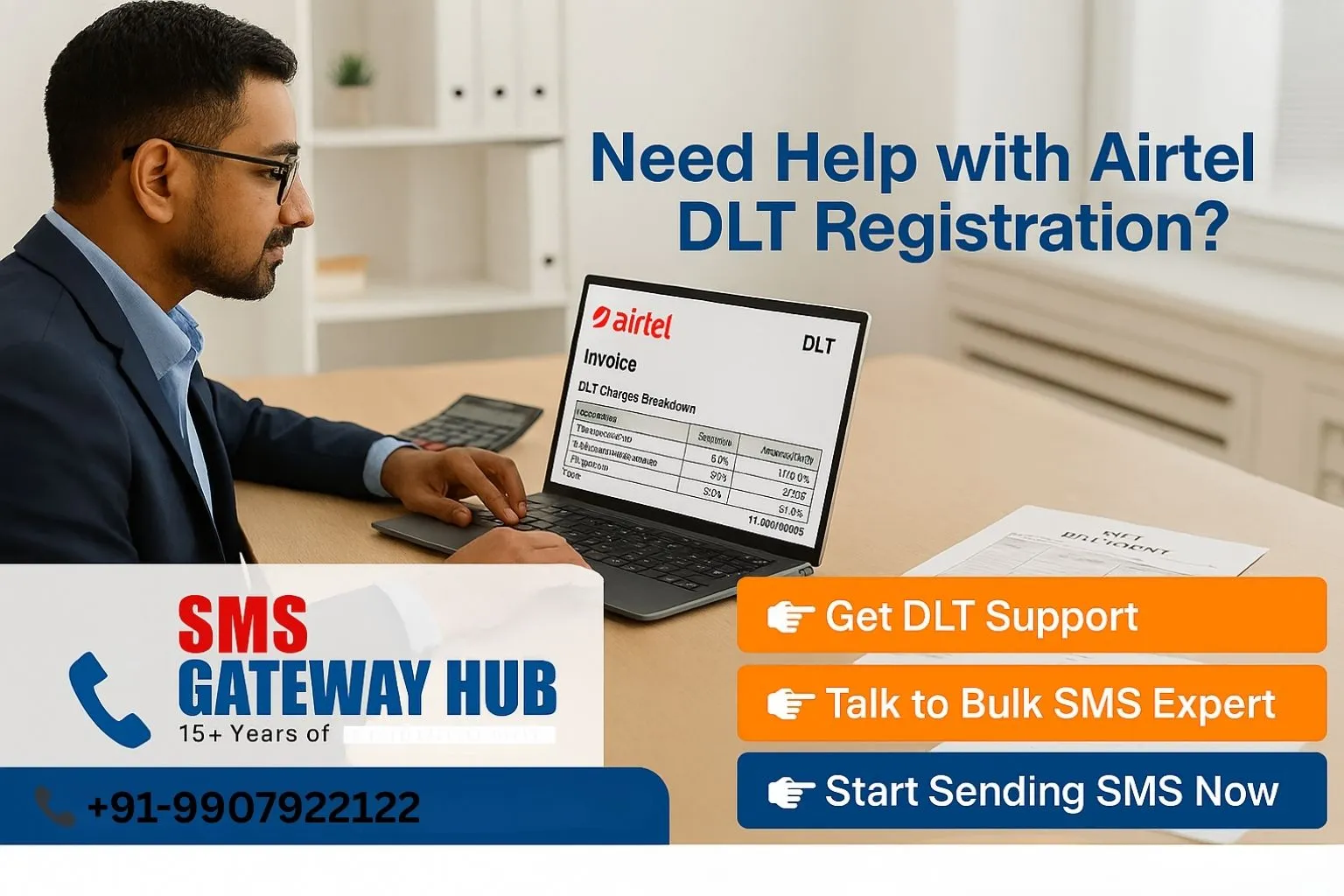 Indian business professional carefully reviewing Airtel DLT charges on a laptop SMSGatewayHub is ready to help