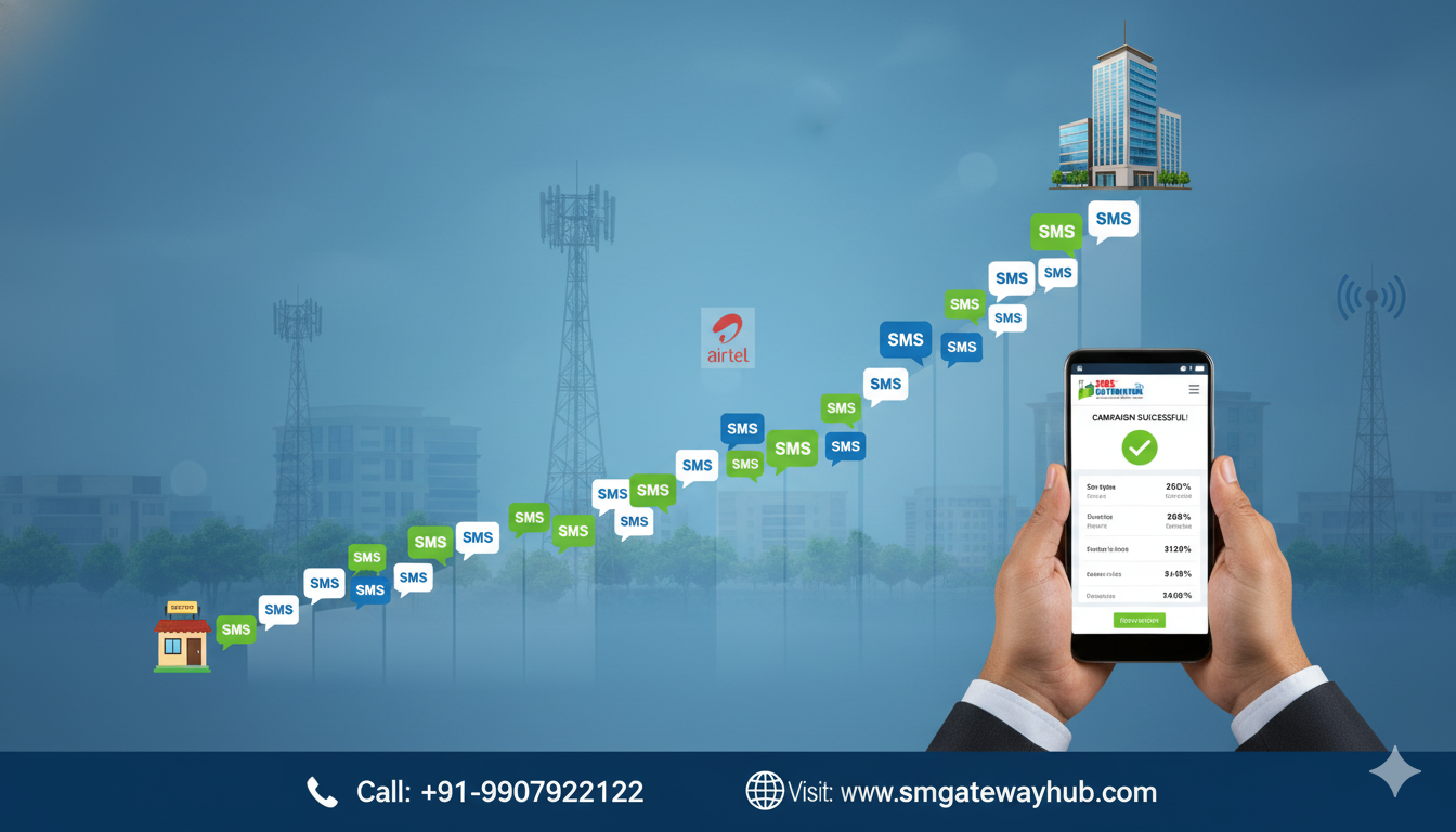 illustration depicting business growth through SMS, with an upward trending graph made of message bubbles, incorporating all your specified details and the footer
