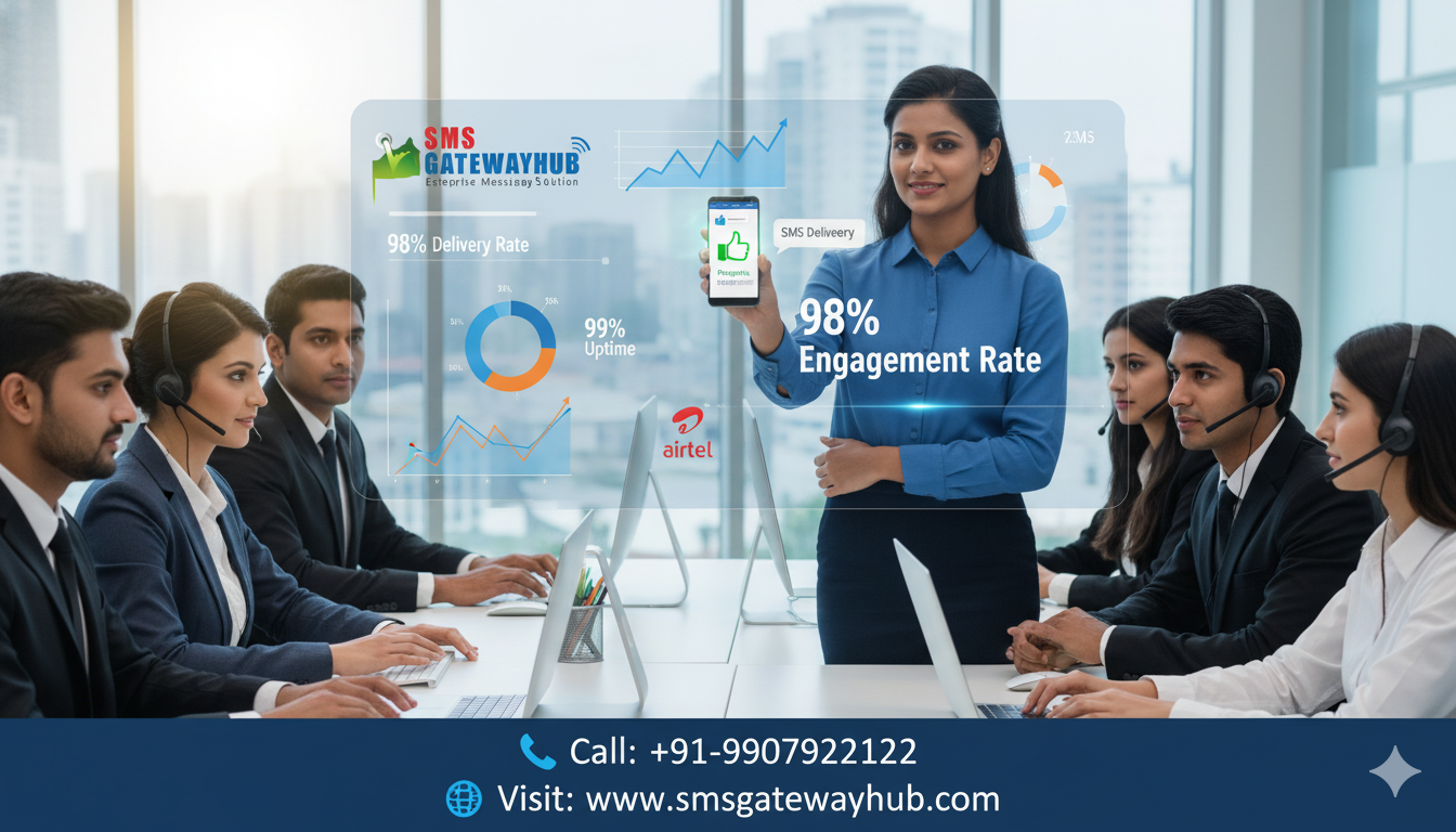 image reflecting your vision of a modern business setting with a focus on SMS engagement and real-time analytics, including the branding and contact information