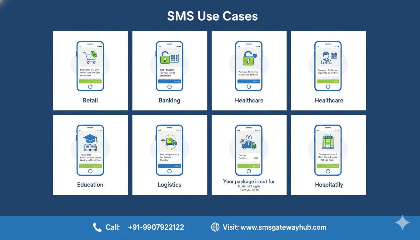 six-panel infographic grid illustrating various SMS use cases, along with the footer