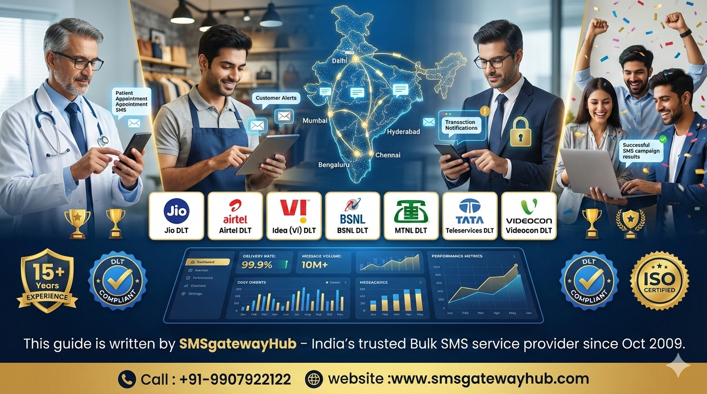 Professional collage showing Indian businesses across sectors - doctor with smartphone, retail store owner, banking professional, startup team celebrating - all connected through SMS notifications, with India map in background showing connectivity, modern tech interface displaying message analytics, awards and trust badges - vibrant colors with blue and gold theme