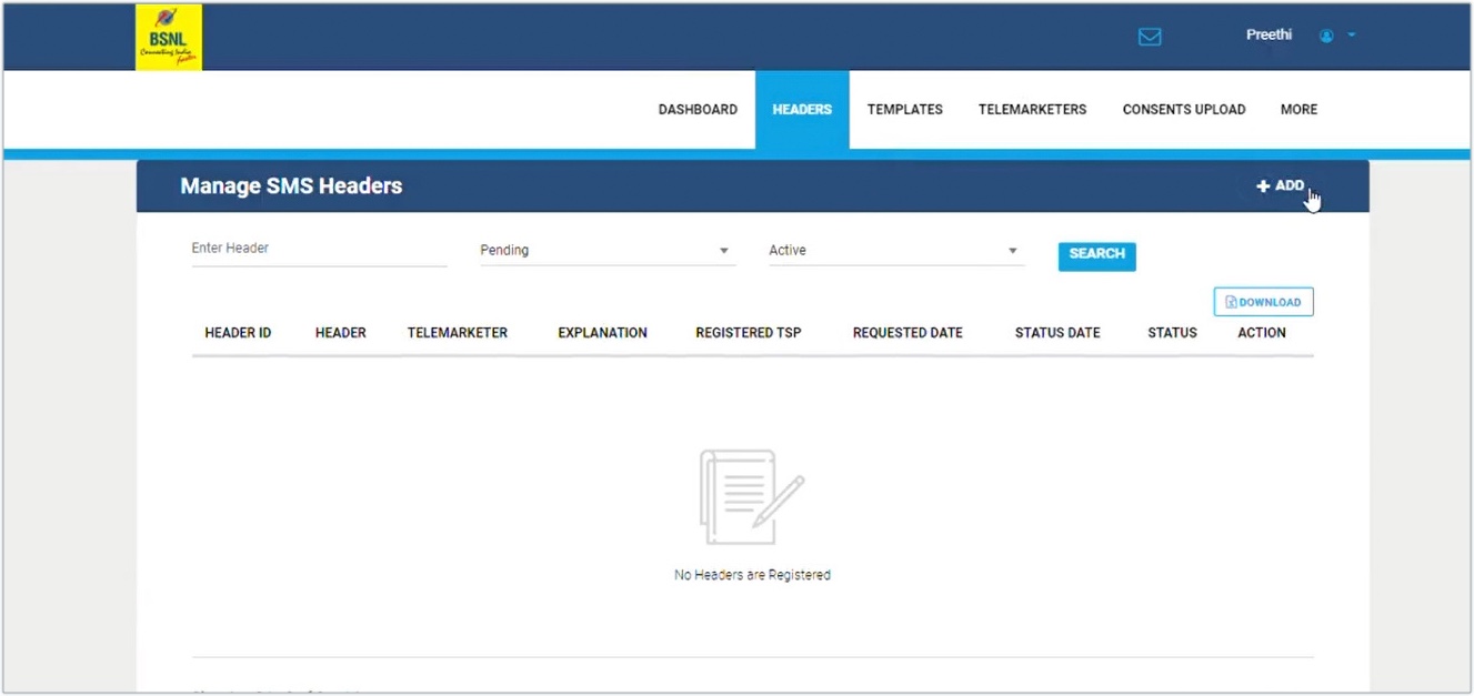 BSNL DLT Registration Process Add new Header