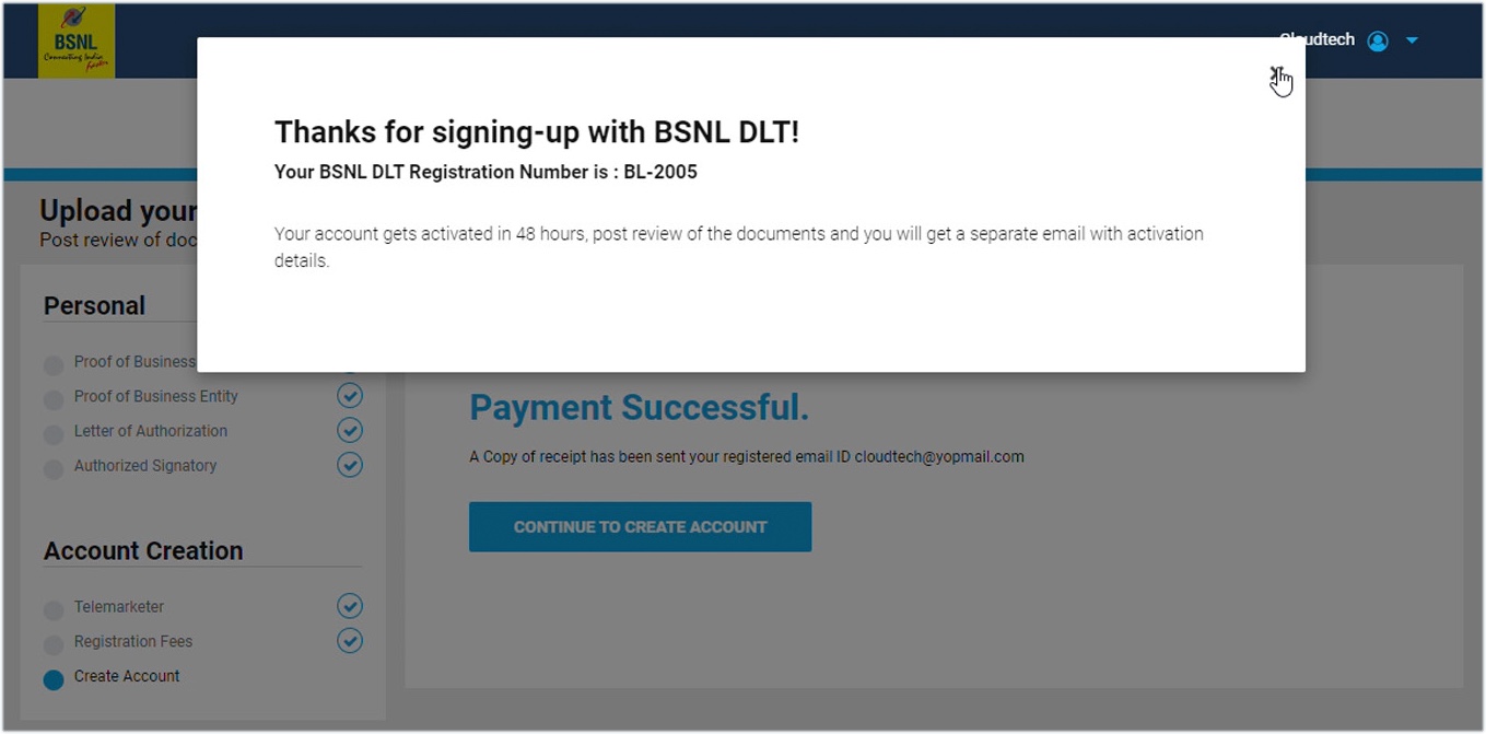 BSNL DLT Registration Process confirmation