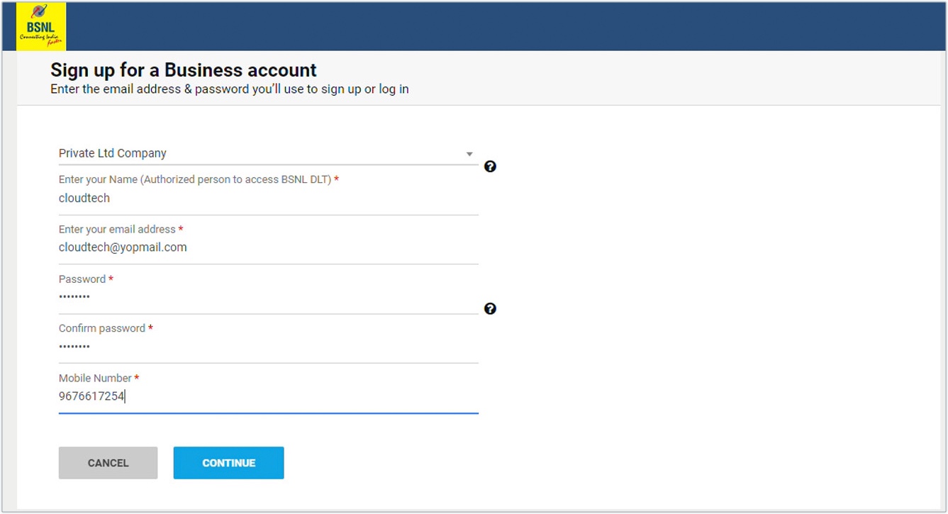 BSNL DLT Registration business account setup