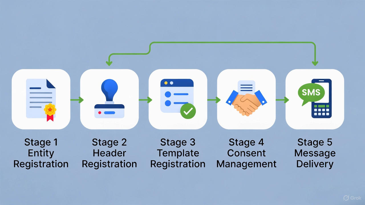The stages are connected in a clear left-to-right flow with arrows, using a modern flat design in blue, white, and green tones (consistent with previous SMSGatewayHub branding). Each stage has a brief label and corresponding icon
