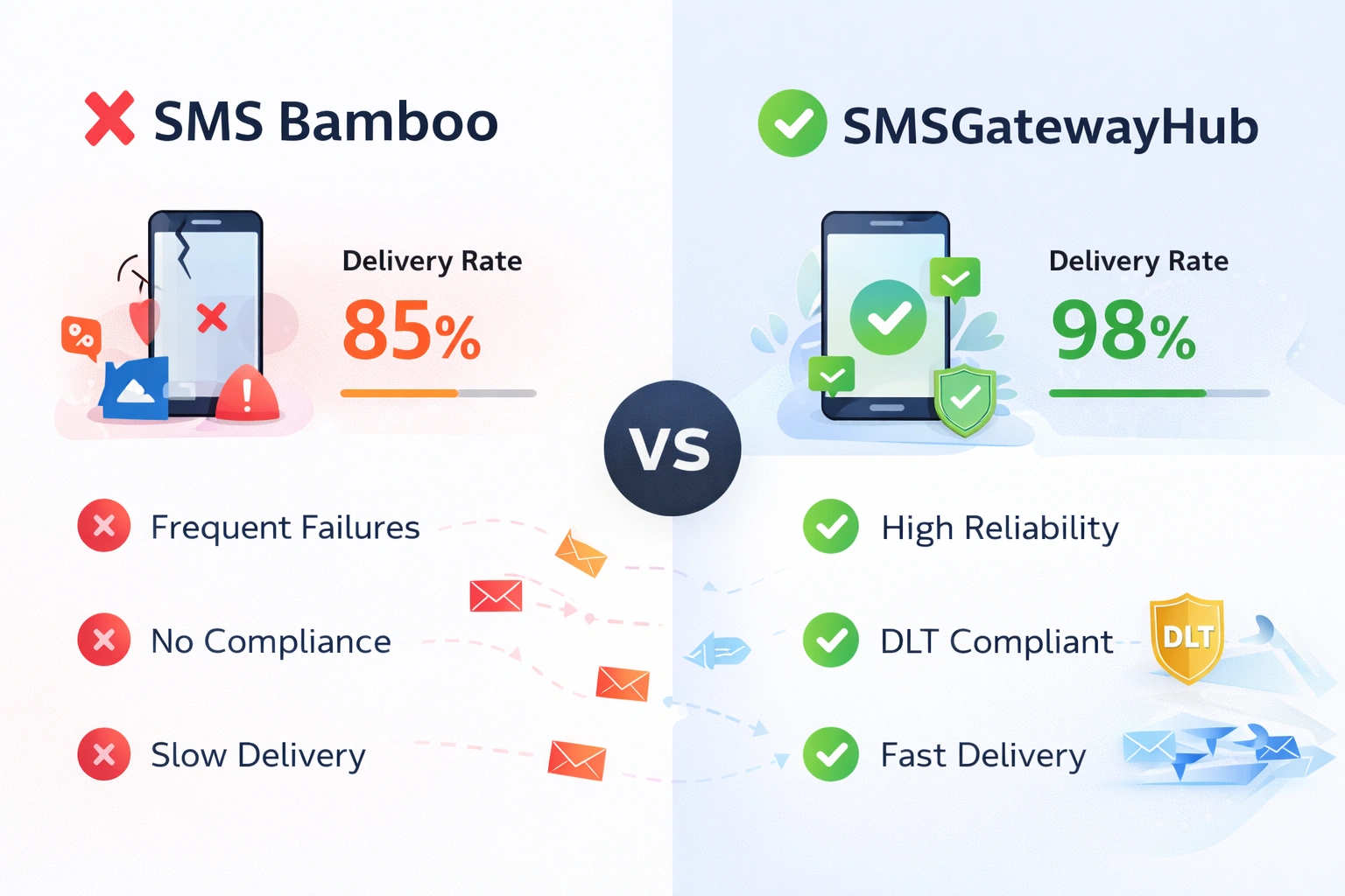 Comparison of SMS Bamboo vs SMSGatewayHub showing superior delivery rates and DLT compliance