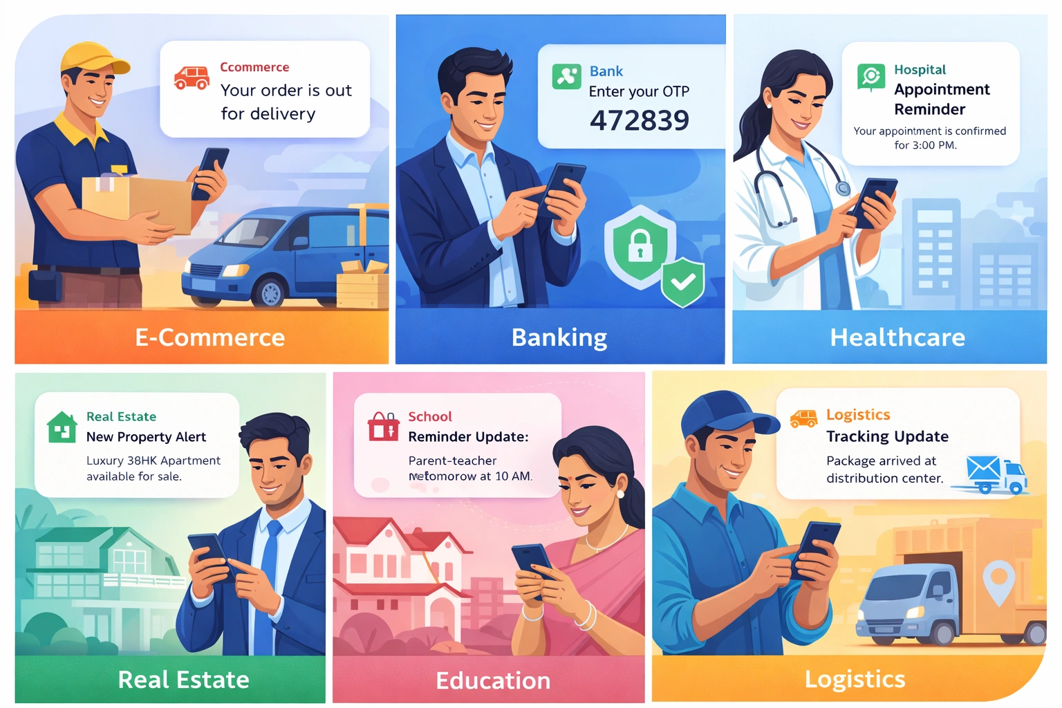 Different industries using SMSGatewayHub - e-commerce, banking, healthcare, real estate, education