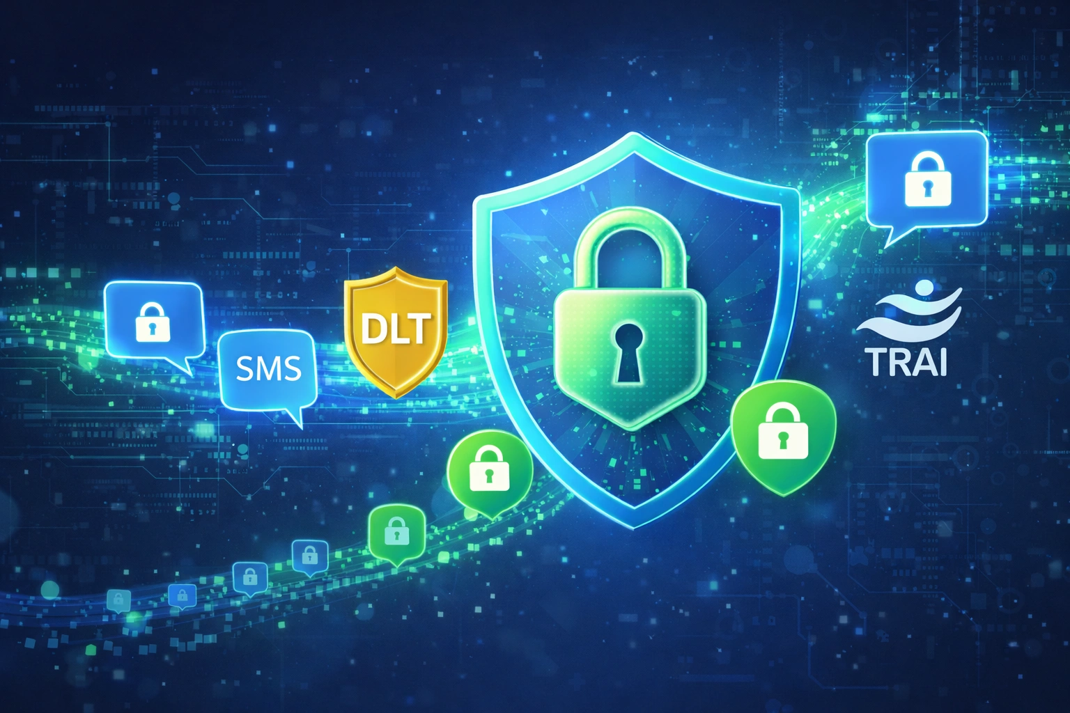 Secure encrypted SMS transmission with DLT compliance and TRAI certification badge