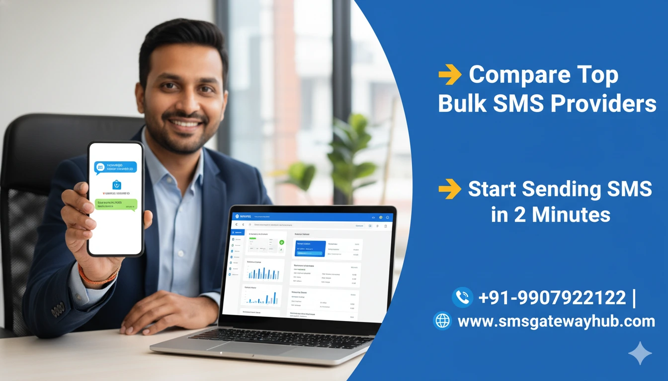 connected to a laptop showing bulk SMS gateway dashboard with real-time delivery reports