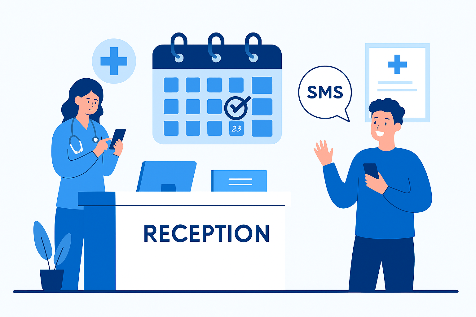 Clinic receptionist sending appointment reminder SMS to patient on phone