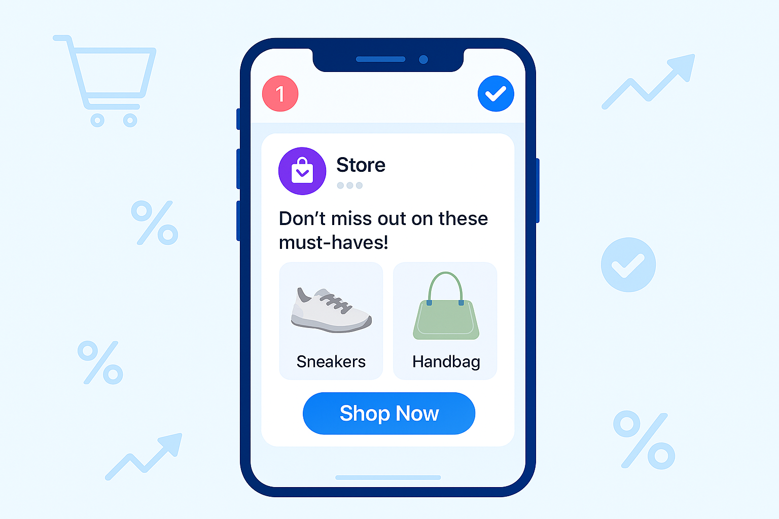 professional image showing a smartphone screen displaying an e-commerce SMS message with product recommendations and a "Shop Now" button