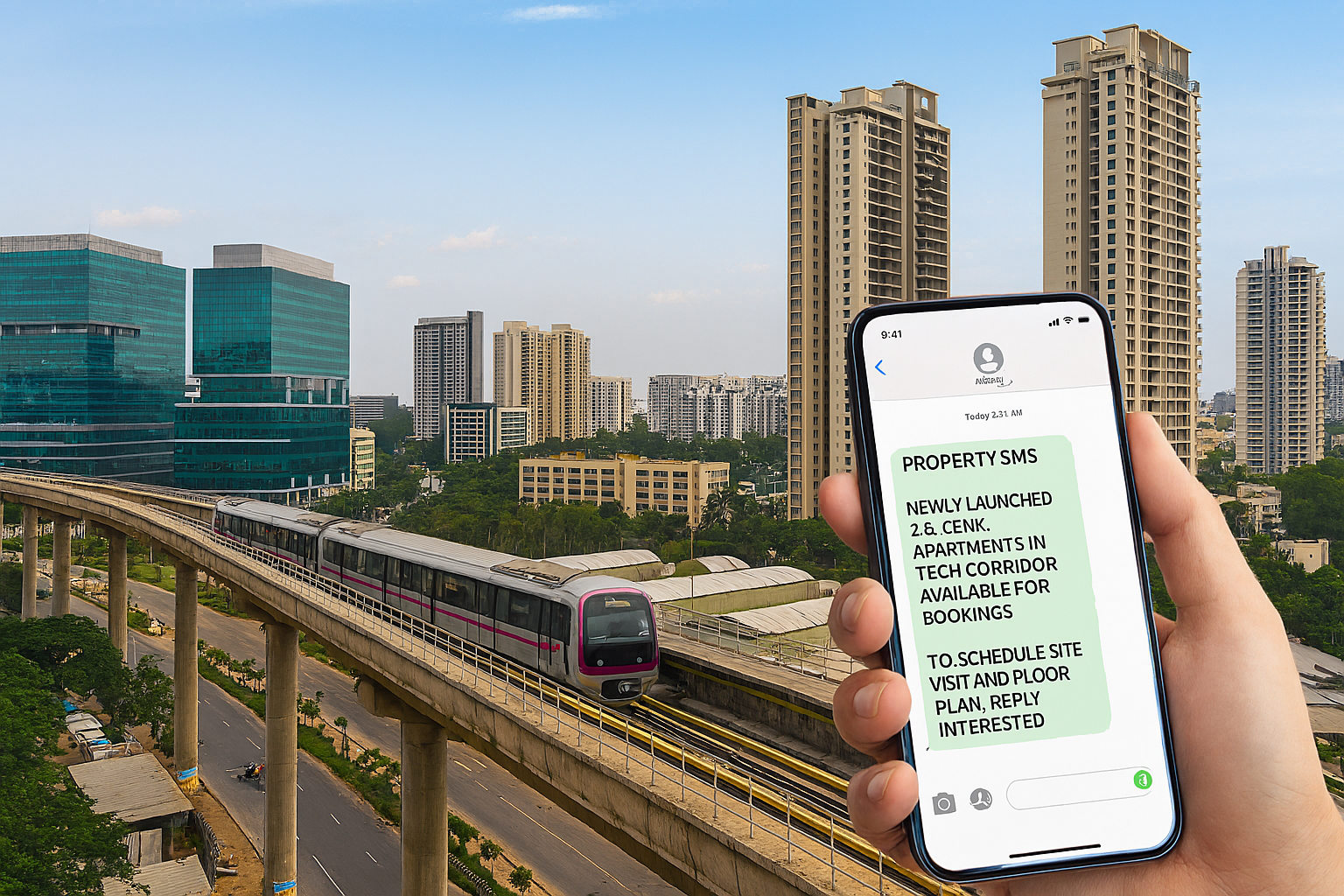 Real estate SMS Bangalore showing IT corridor property marketing for Whitefield, Electronic City, and Sarjapur developments