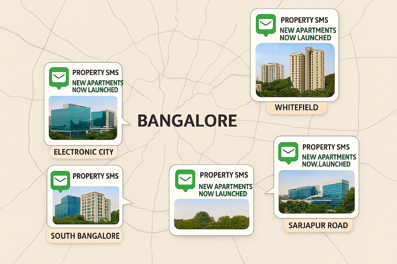 Property SMS marketing Bangalore covering Whitefield IT hub, Electronic City, Sarjapur Road, North Bangalore airport zone real estate