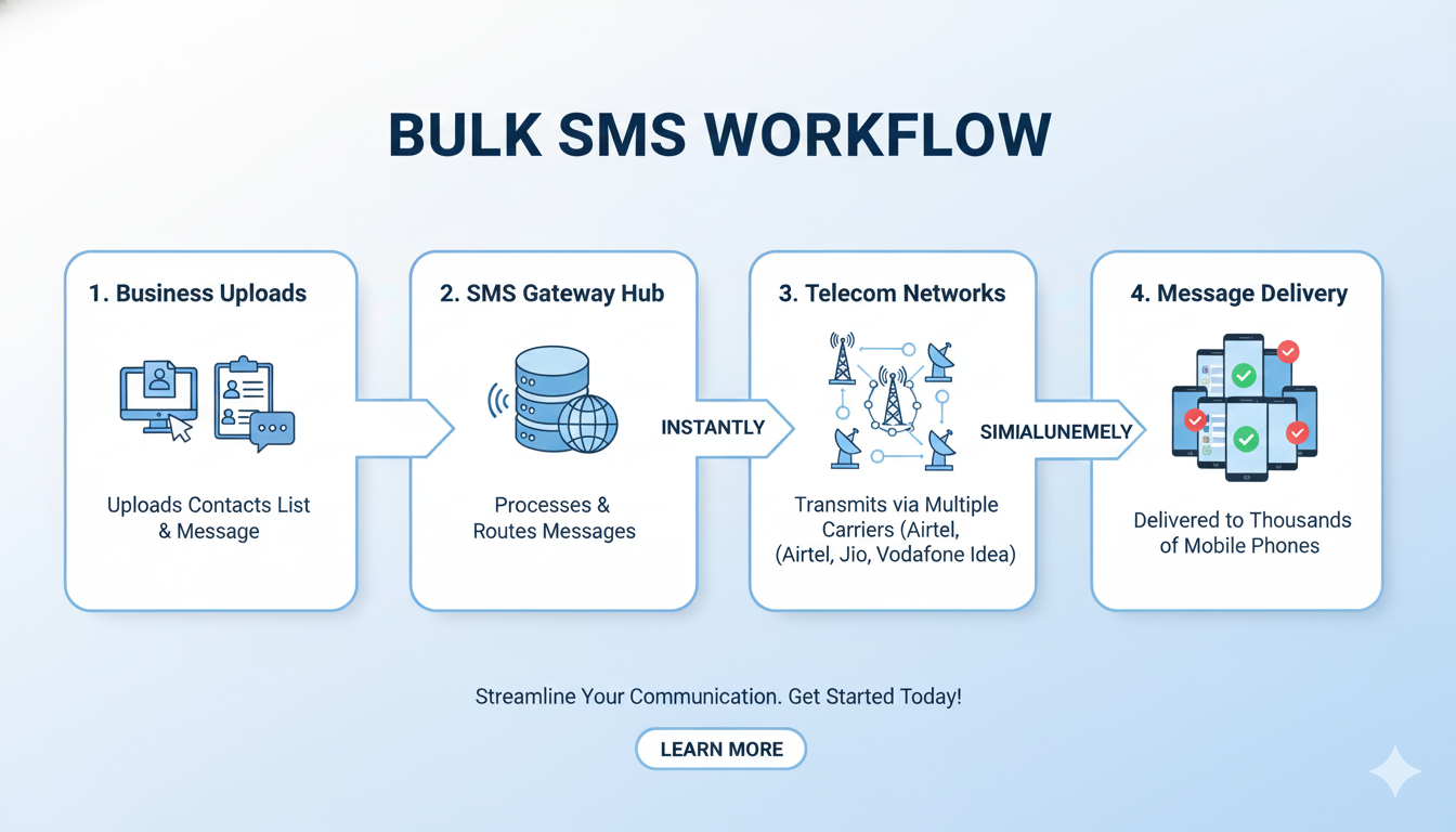 Bulk SMS provider in India showing how mass text messaging works through SMS gateway and telecom networks