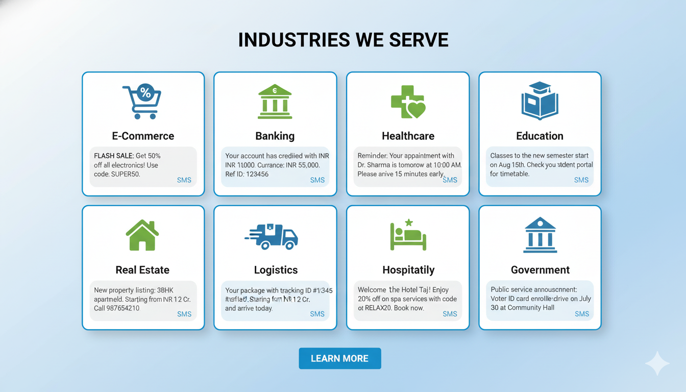 Bulk SMS service provider in India serving multiple industries including retail, banking, healthcare, and education sectors