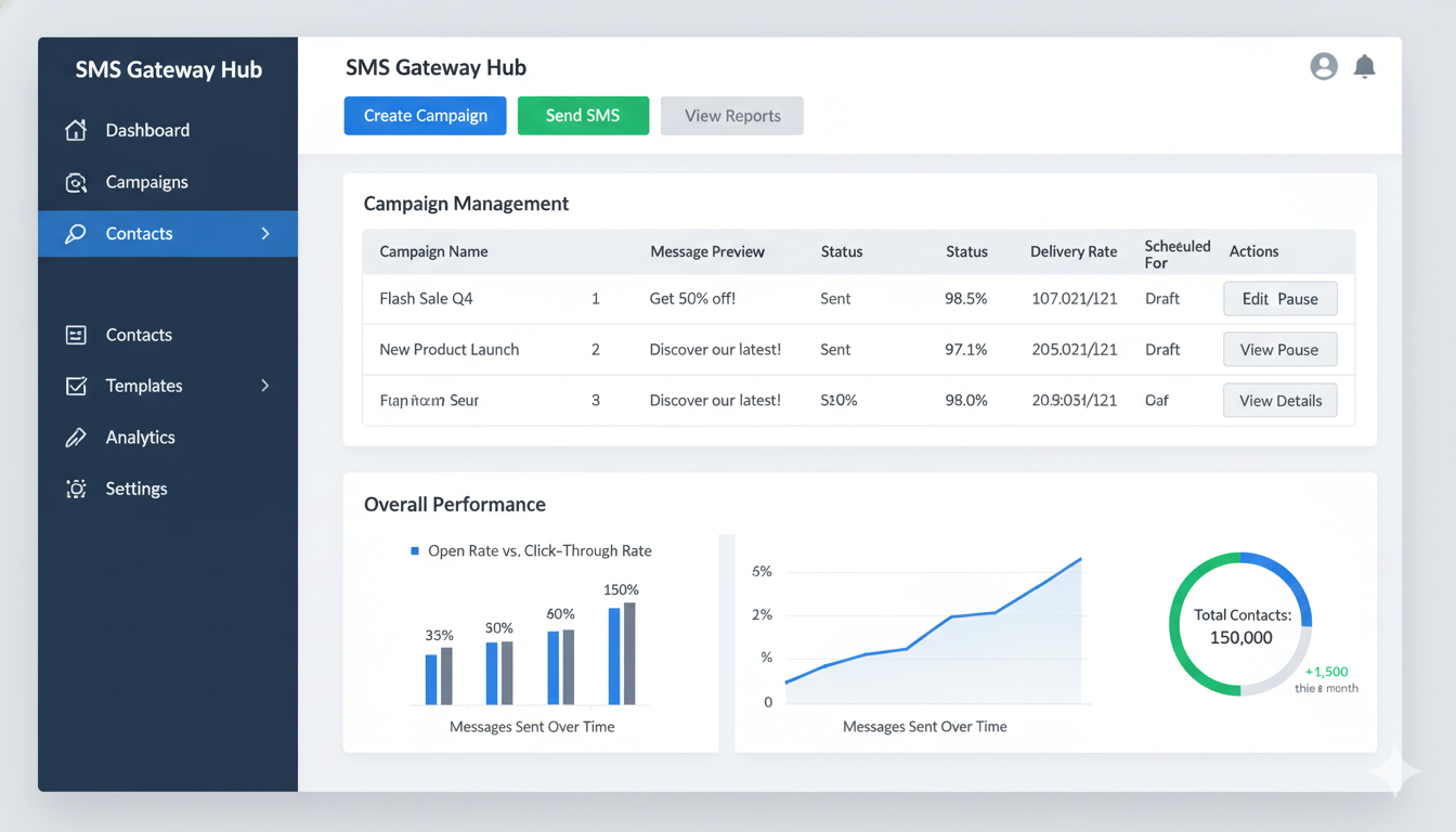 Professional promotional bulk SMS service provider dashboard interface for managing text marketing campaigns