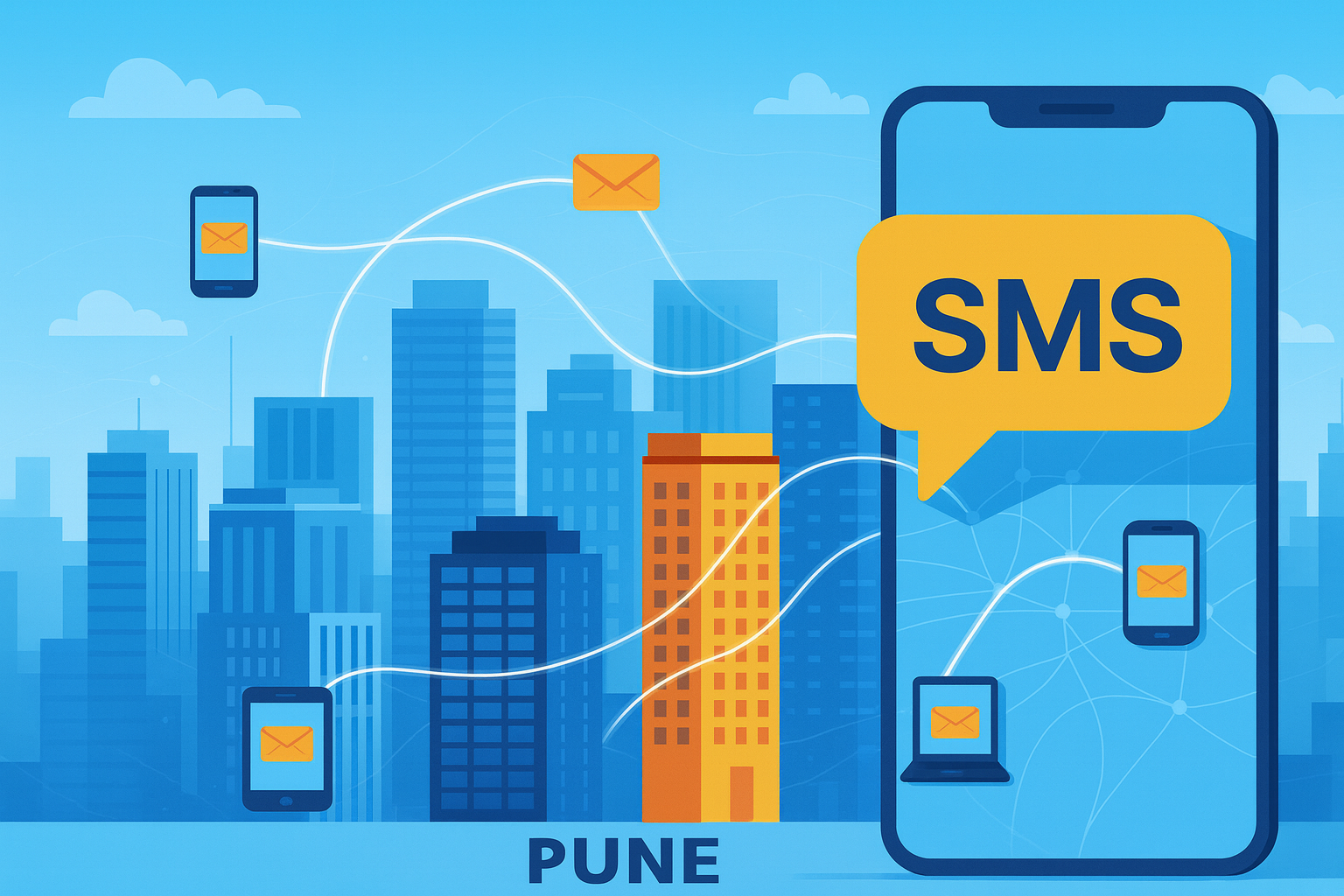 vibrant illustration of Pune cityscape with modern office buildings, featuring a large smartphone in the foreground displaying SMS messages being sent to multiple devices