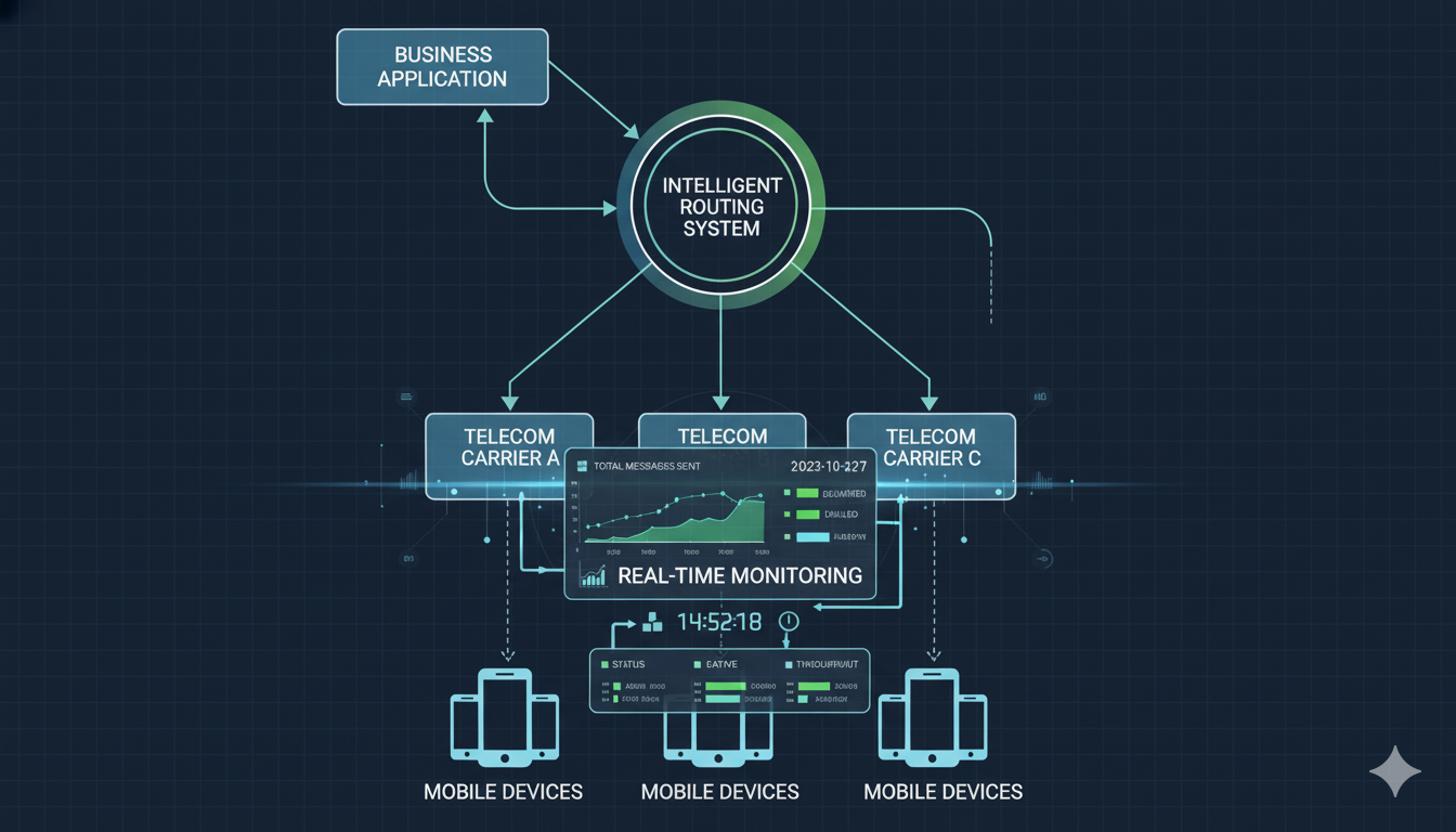 Enterprise SMS gateway India showing high-speed routing infrastructure connecting businesses to multiple carriers for fastest SMS delivery