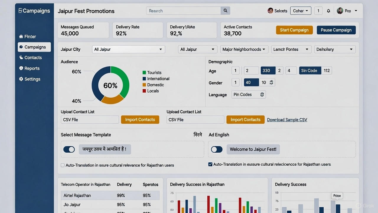 Best bulk SMS service provider in Jaipur dashboard showing local market targeting and regional language support