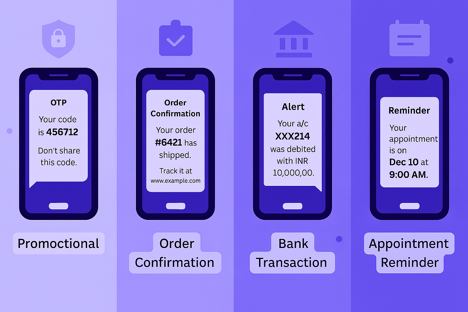 Transactional SMS service provider India showing OTP, order confirmations, alerts, and reminders for business communications