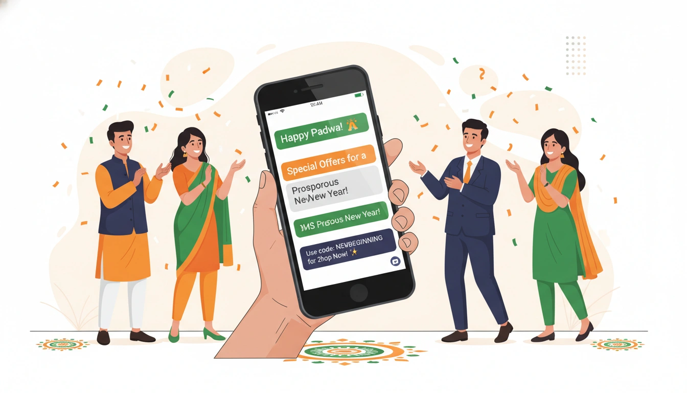 showing a smartphone screen displaying SMS marketing messages with Gudi Padwa theme
