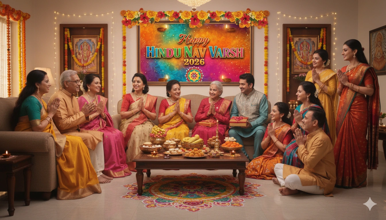 Family gathering celebrating Hindu Nav Varsh with traditional sweets