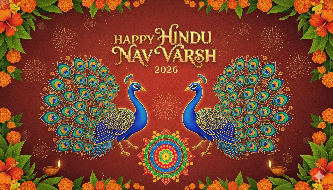 Hindu Nav Varsh greeting card design with traditional motifs