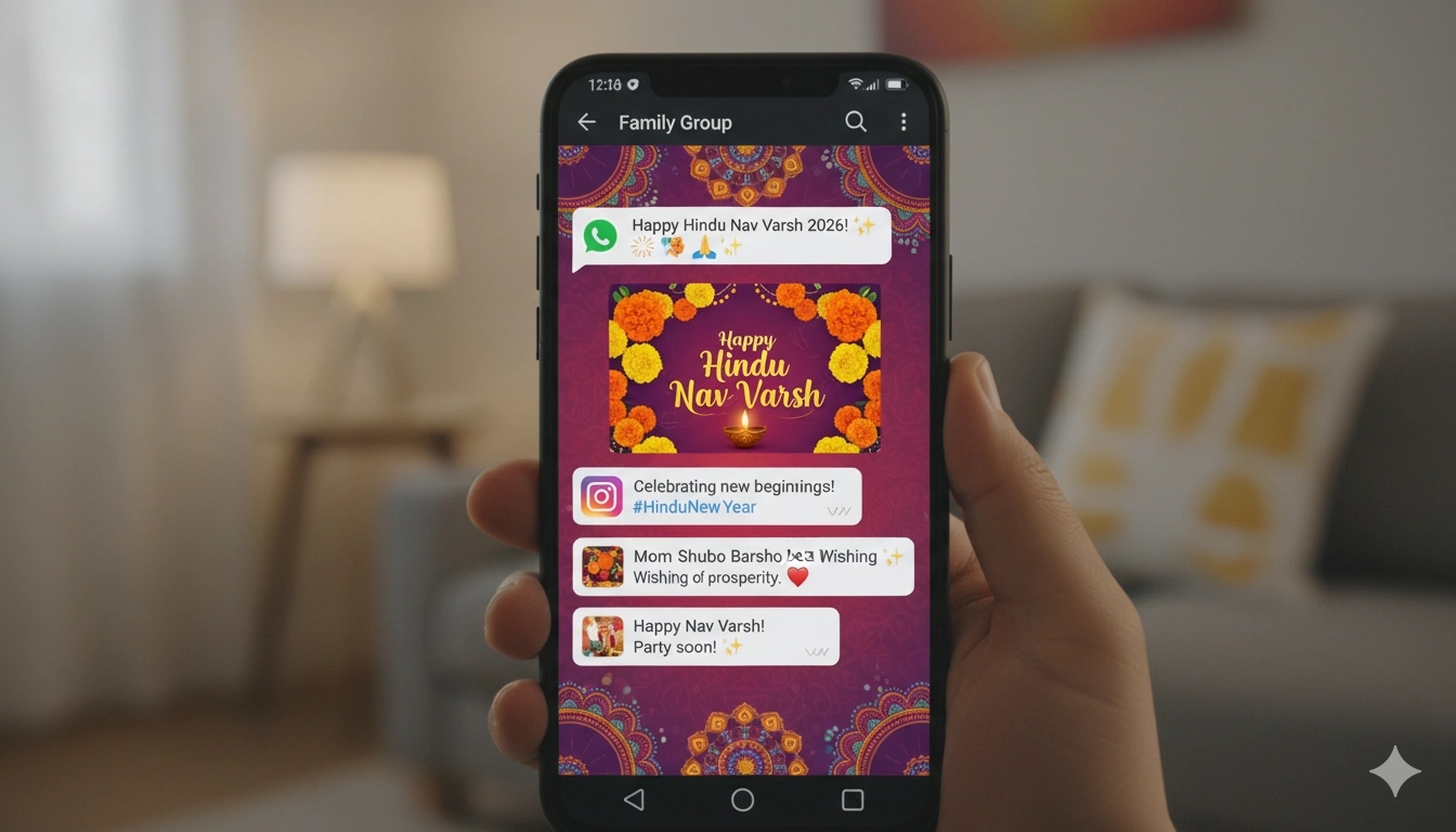 Collection of Hindu Nav Varsh wishes on mobile phone screen