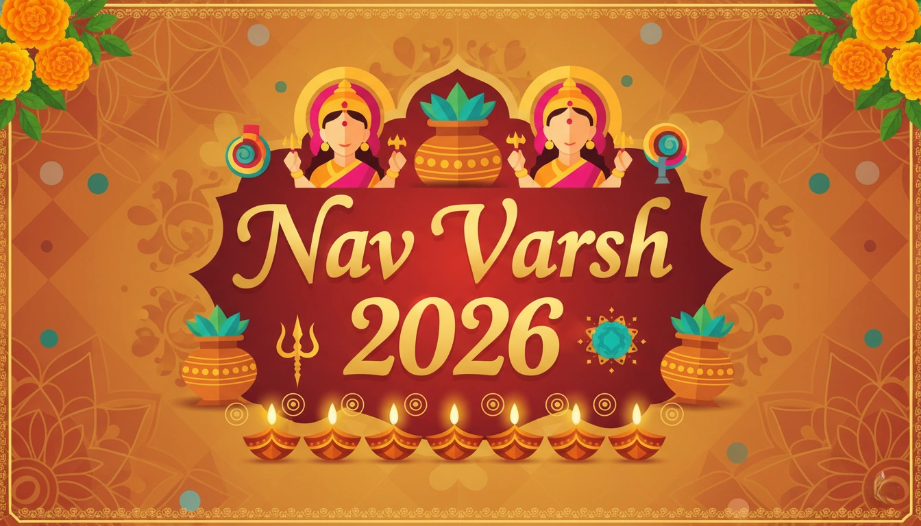 Hindu Nav Varsh 2026 celebration banner with traditional decorations and gold text