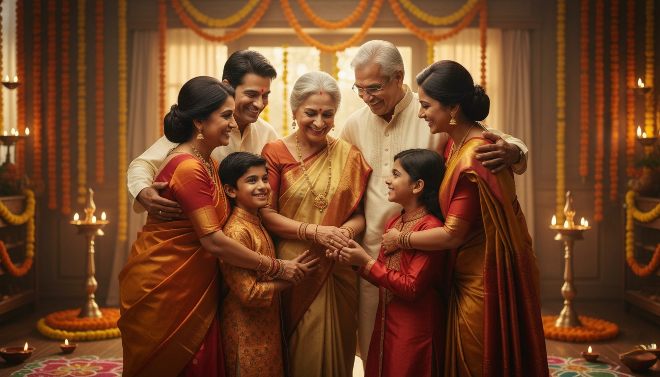 Multi-generational Indian family celebrating Hindu Nav Varsh with blessings and traditional customs