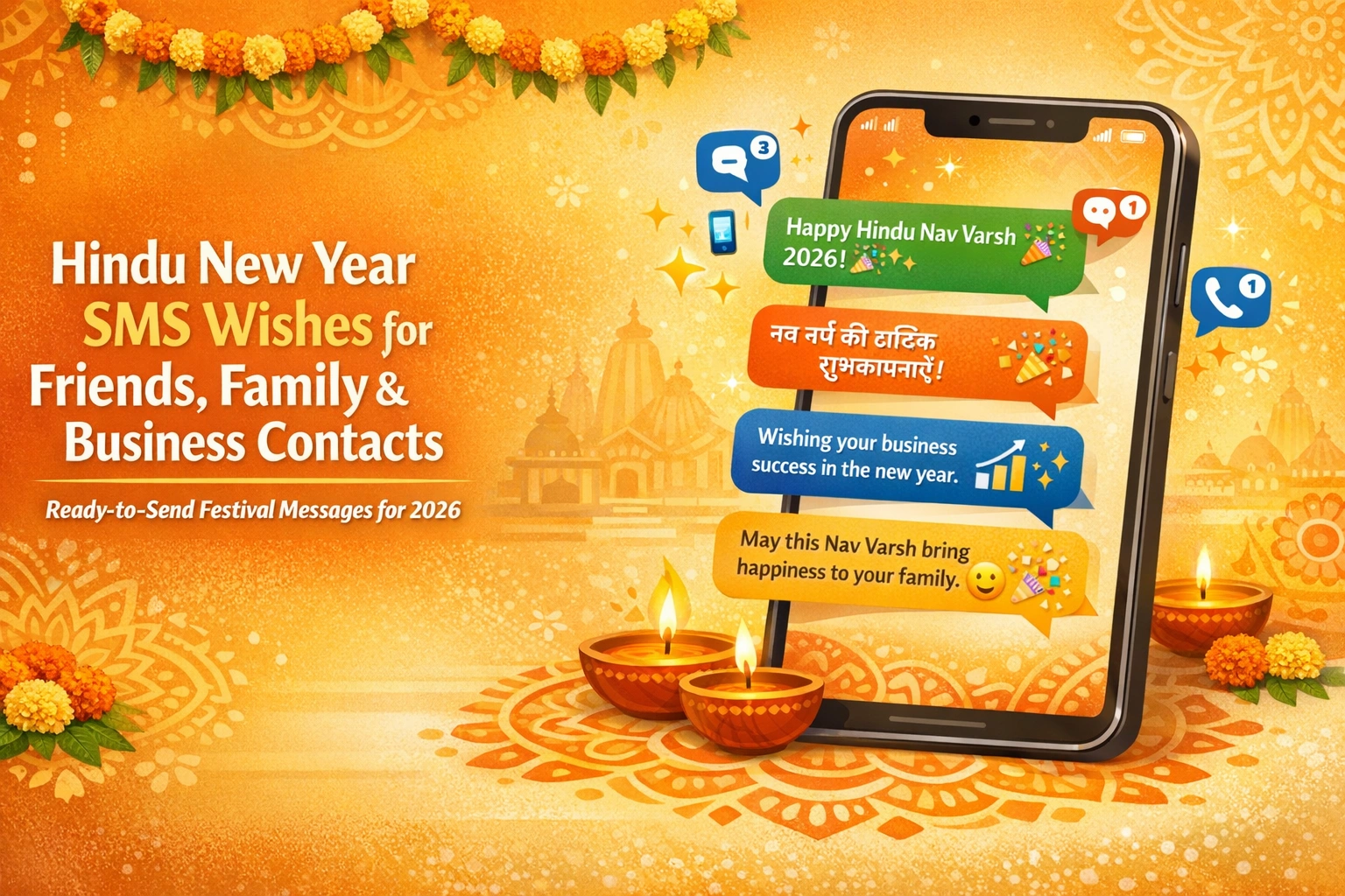 Hindu New Year SMS wishes displayed on mobile phone screen with celebration messages