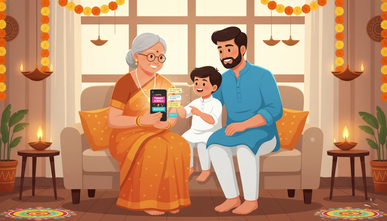 Indian family reading Hindu New Year SMS wishes on mobile phone together