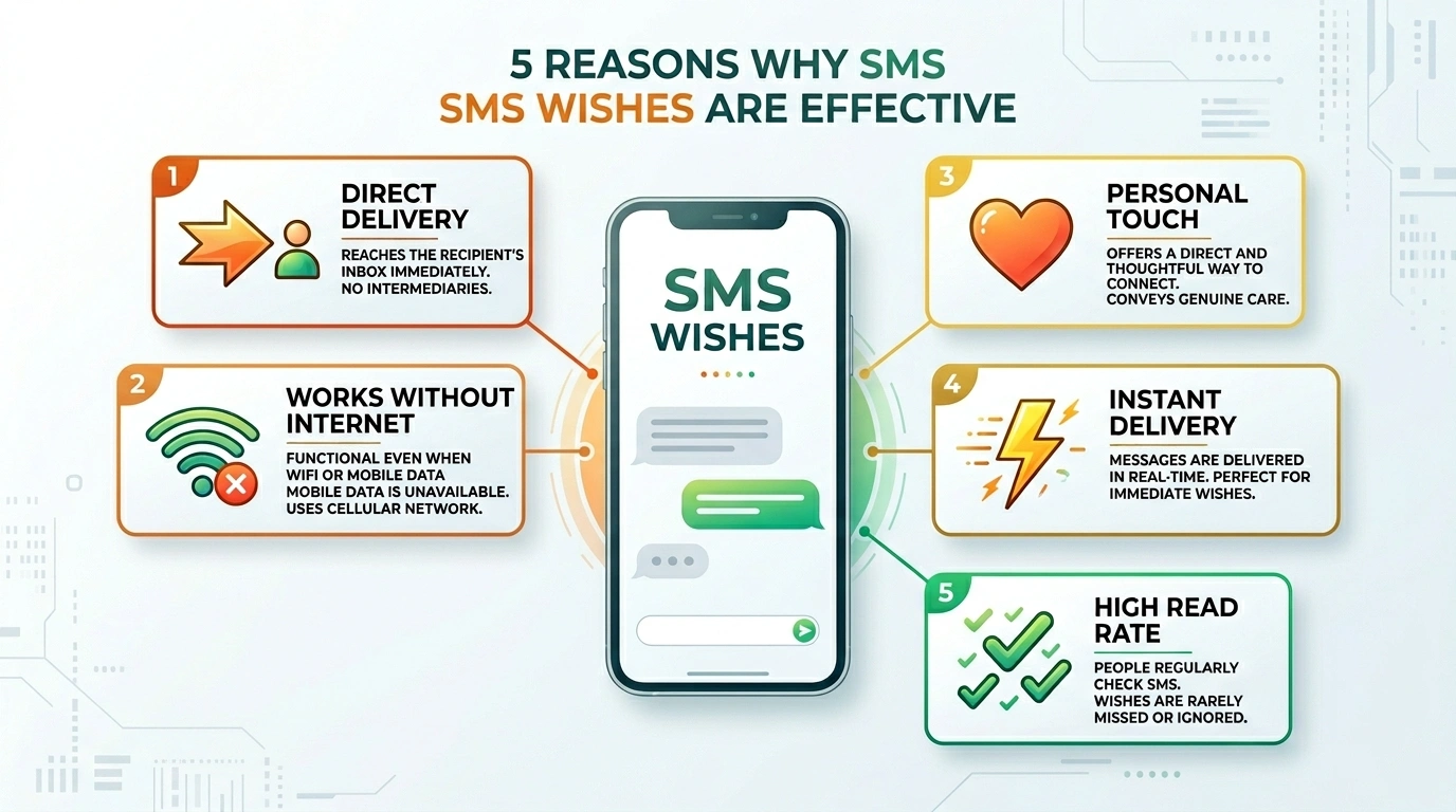 Infographic showing advantages of sending SMS wishes for Hindu New Year 2026