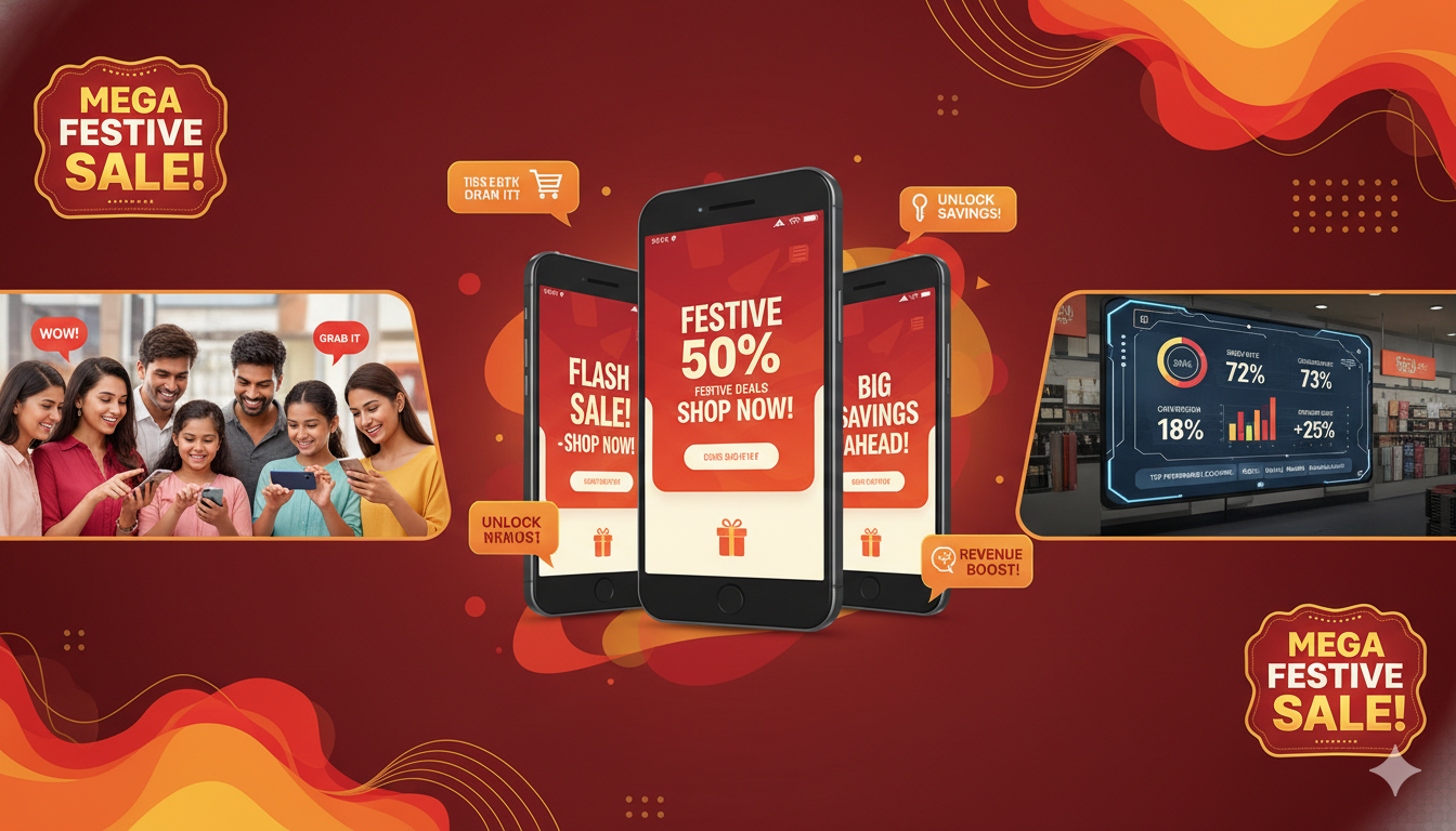 Modern marketing campaign visualization showing smartphones receiving promotional SMS notifications