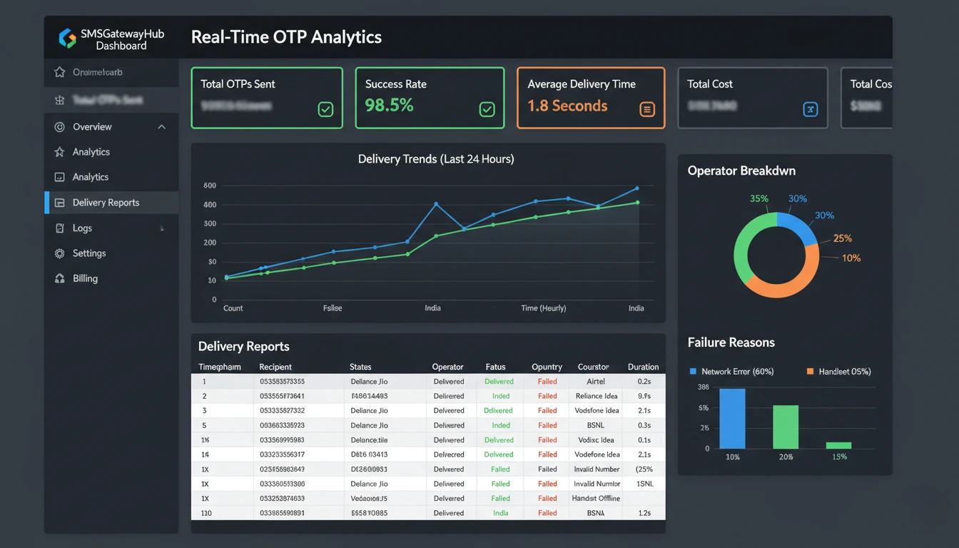 SMSGatewayHub real-time OTP analytics dashboard showing delivery performance metrics