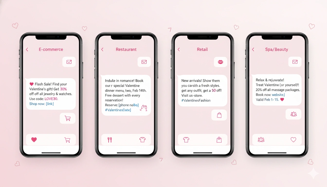A side-by-side comparison mockup showing 3-4 mobile phone screens displaying different Valentine's Day SMS templates for various businesses
