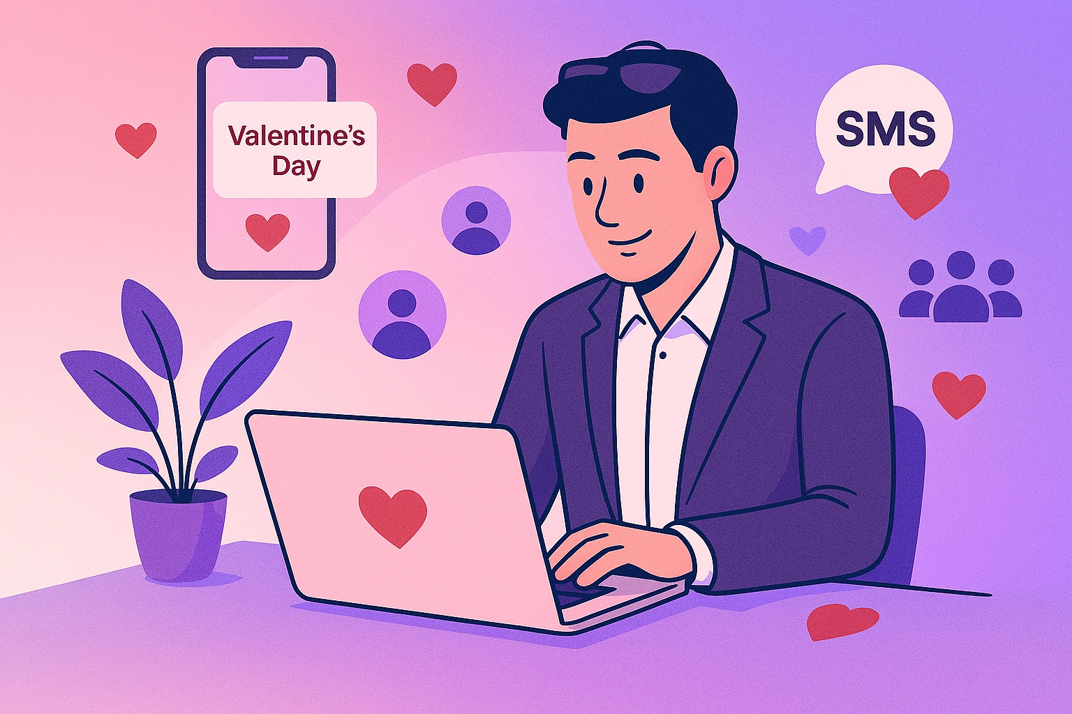 An illustration showing a business person or marketer working on a laptop with Valentine's Day campaign elements floating around