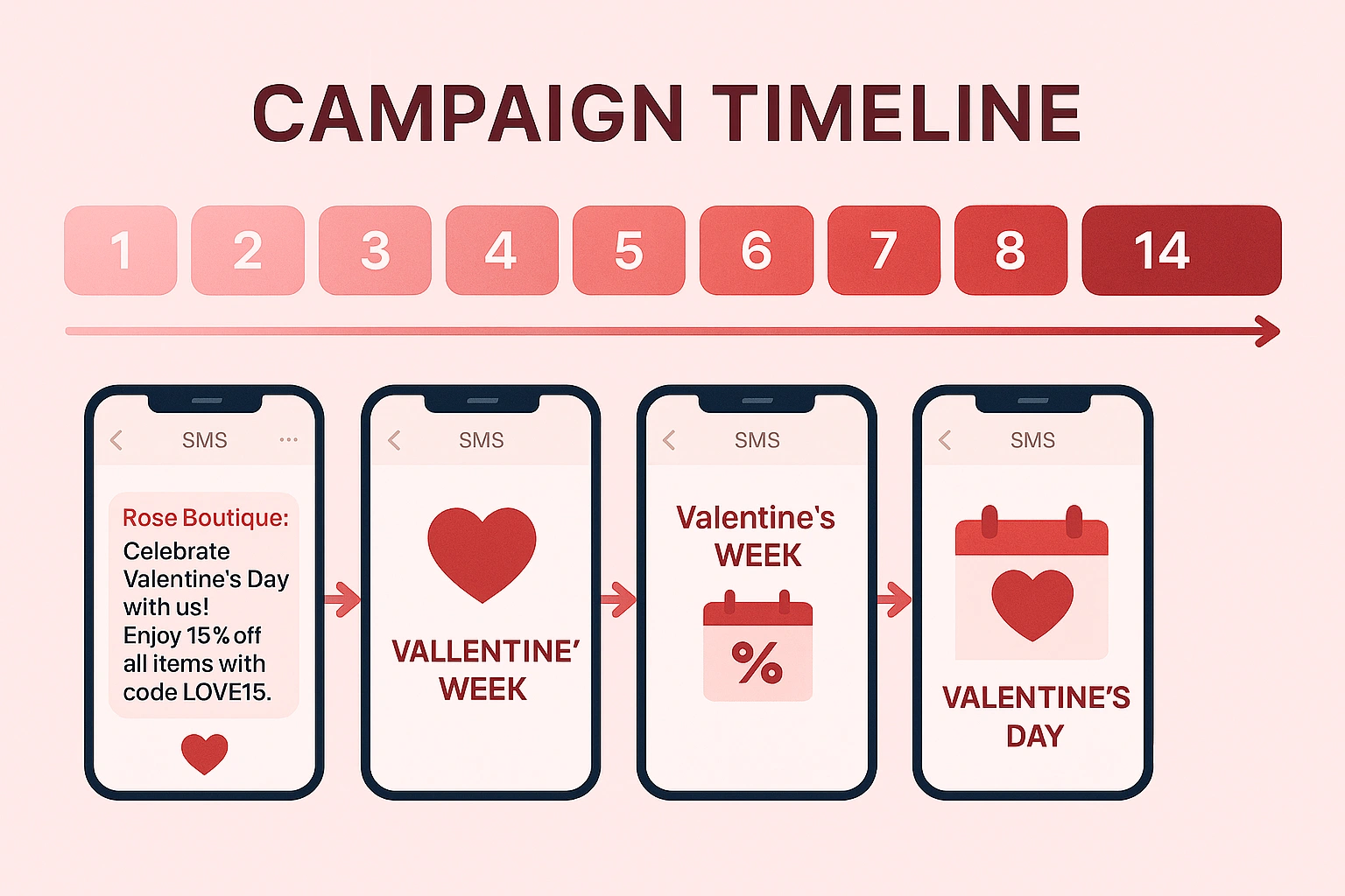 An infographic showing a calendar-style timeline from February 1-14 with icons representing different campaign phases
