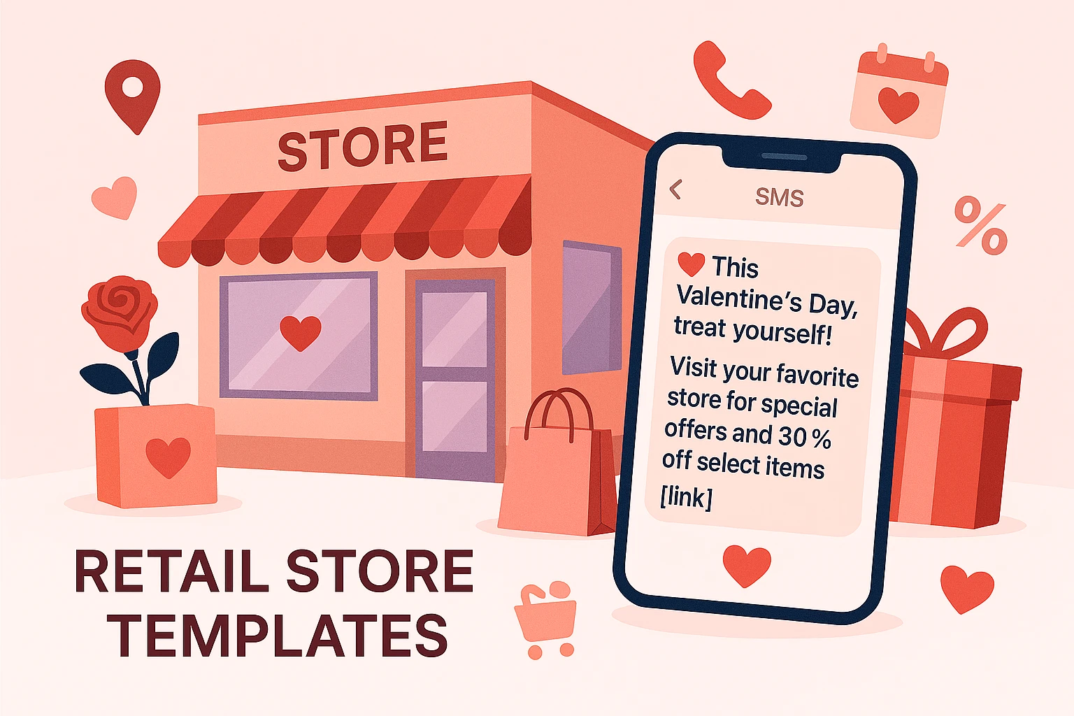 E-commerce Valentine's Day SMS templates with discount codes and promotional offers displayed on smartphone mockups