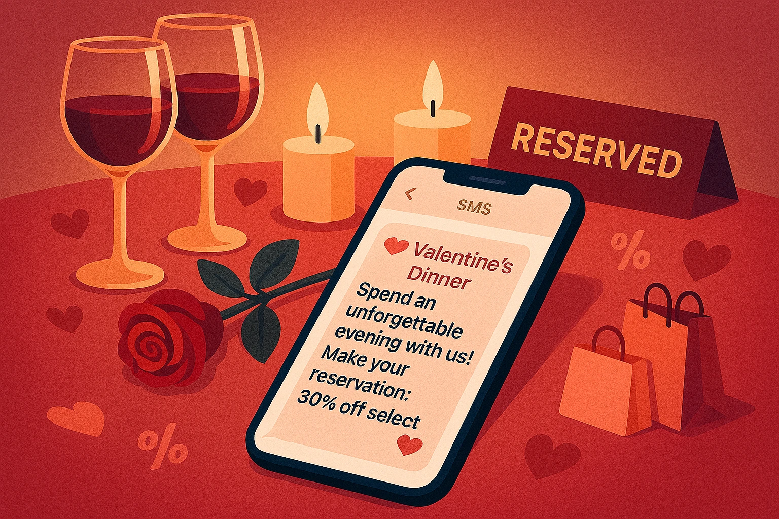 Valentine's Day SMS templates displayed on multiple smartphones for retail, e-commerce, restaurant and jewelry businesses