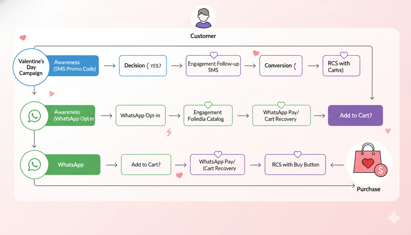 Comparison infographic showing Bulk SMS vs WhatsApp Business vs RCS messaging features, costs and engagement rates