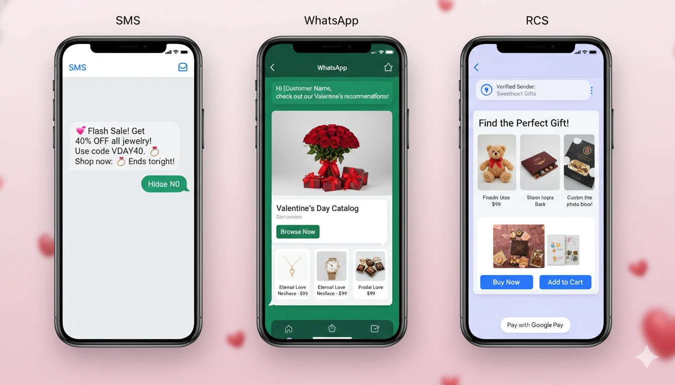 Comparison infographic showing Bulk SMS vs WhatsApp Business vs RCS messaging features, costs and engagement rates